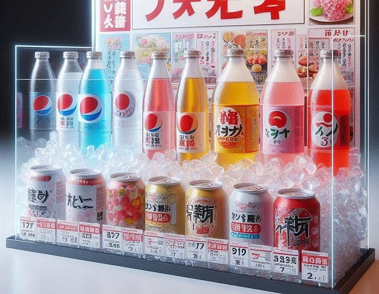 plexiglass display showcasing soft drinks on ice